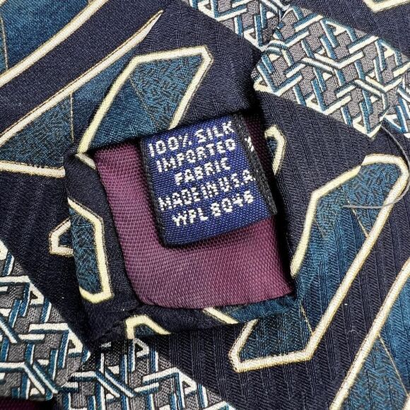 Savile Row 100% Silk Made in USA Tie Multi patterned Blue Black and White - Picture 6 of 7